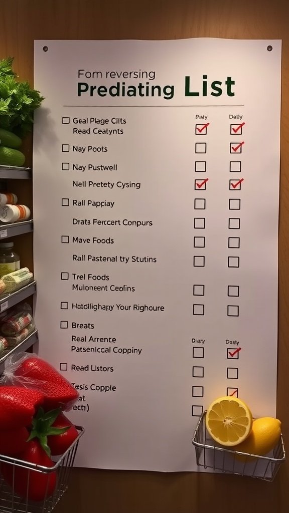 A grocery list for reversing prediabetes displayed on a wall, with fresh vegetables and fruits nearby.