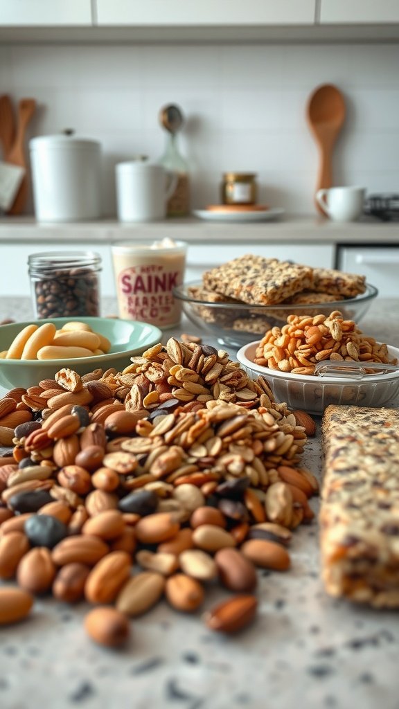 A variety of healthy snacks including nuts, energy bars, and seeds on a kitchen counter.