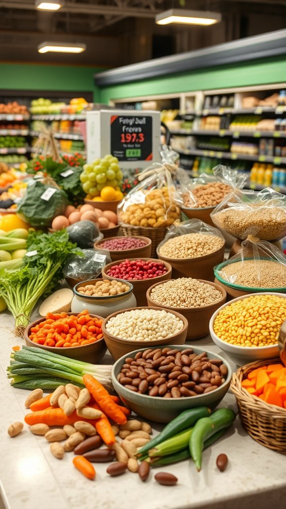 A colorful display of low glycemic index foods including vegetables, legumes, and grains, suitable for a prediabetes grocery list.
