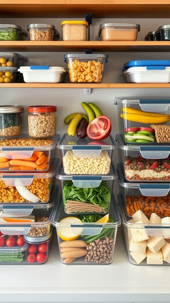 Organized pantry with containers of fruits, vegetables, grains, and snacks, ideal for meal prep and managing prediabetes.