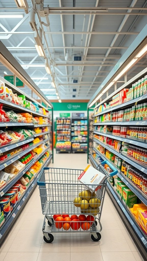 Shopping cart filled with fruits in a grocery store aisle showcasing healthy food options