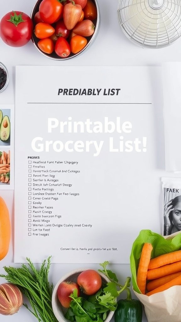 A printable grocery list for prediabetes beginners with fresh vegetables and fruits surrounding it.