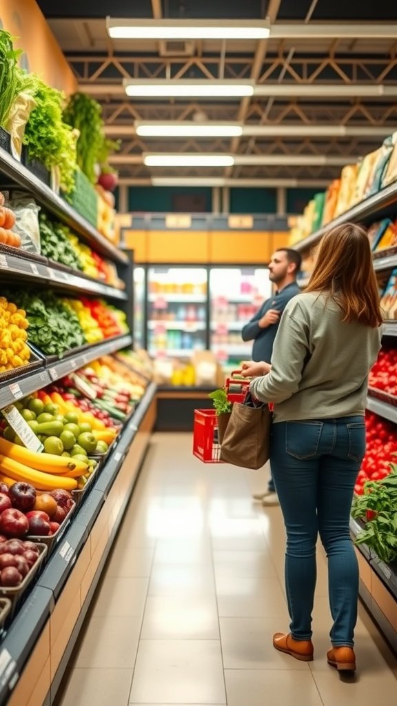 A shopper in a grocery store's produce aisle, selecting fresh fruits and vegetables.