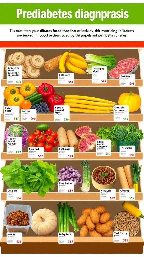 A colorful grocery display featuring healthy foods suitable for individuals with prediabetes.